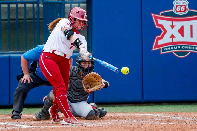 Oklahoma utility Jocelyn Erickson (7) hits during the Big 12 softball tournament game between the Oklahoma Sooners and the Iowa State Cyclones at USA Softball Hall of Fame Stadium in Oklahoma City, on Friday, May 12, 2023.