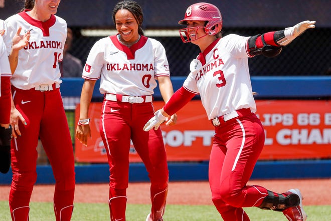 Oklahoma shortstop Grace Lyons (3) celebrates after hitting a home run during the Big 12 softball tournament game between the Oklahoma Sooners and the Iowa State Cyclones at USA Softball Hall of Fame Stadium in Oklahoma City, on Friday, May 12, 2023.