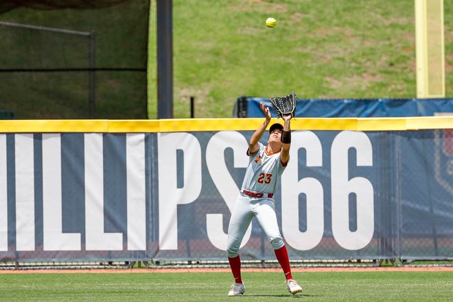 Iowa State infielder Angelina Allen (23) catches a pop fly during the Big 12 softball tournament game between the Oklahoma Sooners and the Iowa State Cyclones at USA Softball Hall of Fame Stadium in Oklahoma City, on Friday, May 12, 2023.