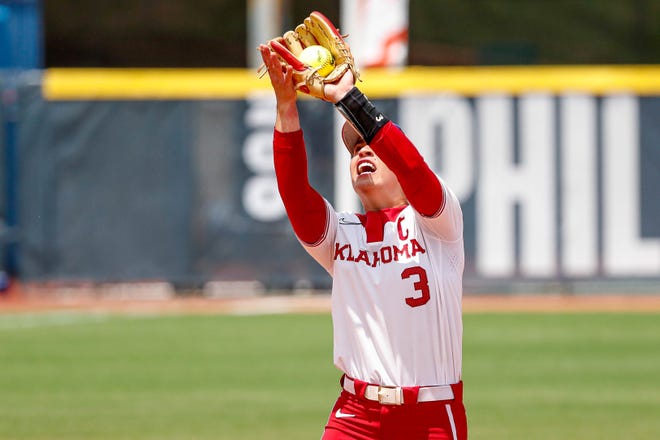 Oklahoma shortstop Grace Lyons (3) catches a pop fly in the infield during the Big 12 softball tournament game between the Oklahoma Sooners and the Iowa State Cyclones at USA Softball Hall of Fame Stadium in Oklahoma City, on Friday, May 12, 2023.