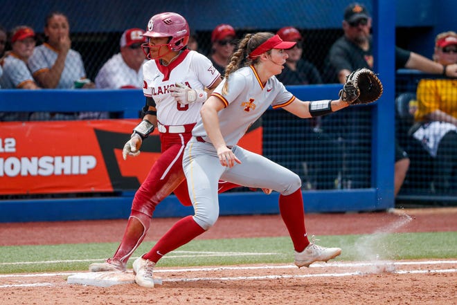 Oklahoma outfielder Rylie Boone (0) is called safe at first during the Big 12 softball tournament game between the Oklahoma Sooners and the Iowa State Cyclones at USA Softball Hall of Fame Stadium in Oklahoma City, on Friday, May 12, 2023.