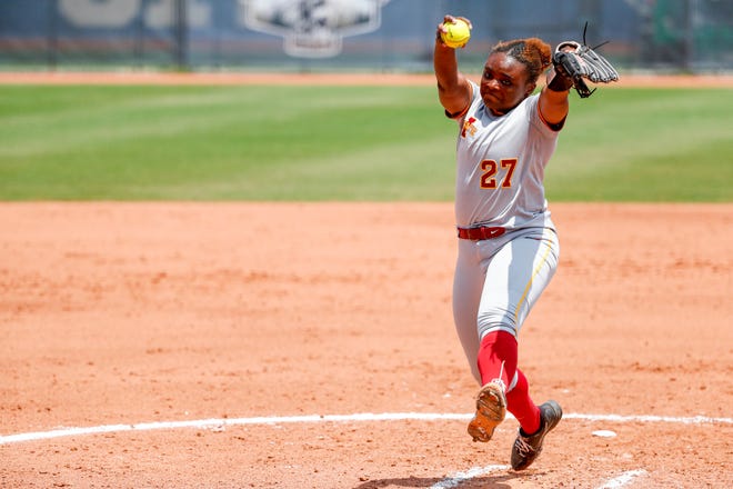 Iowa State pitcher Saya Swain (27) pitches during the Big 12 softball tournament game between the Oklahoma Sooners and the Iowa State Cyclones at USA Softball Hall of Fame Stadium in Oklahoma City, on Friday, May 12, 2023.
