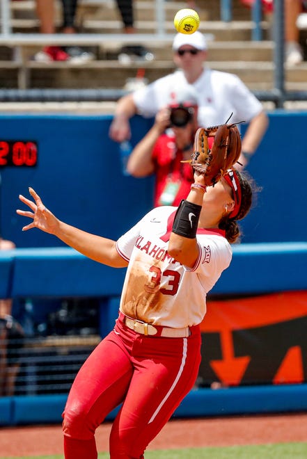 Oklahoma utility Alyssa Brito (33) catches a pop fly in the infield during the Big 12 softball tournament game between the Oklahoma Sooners and the Iowa State Cyclones at USA Softball Hall of Fame Stadium in Oklahoma City, on Friday, May 12, 2023.