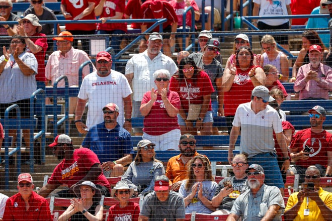 Fans attend the Big 12 softball tournament game between the Oklahoma Sooners and the Iowa State Cyclones at USA Softball Hall of Fame Stadium in Oklahoma City, on Friday, May 12, 2023.